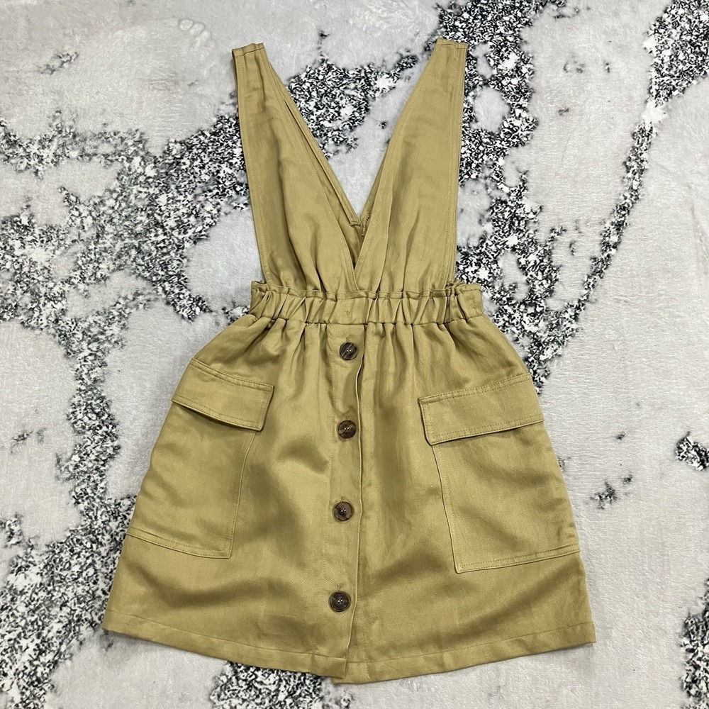 Zara Utility Pinafore Mini Dress Womens Size Small Khaki Button Front Overall